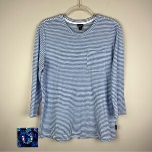 PATAGONIA 3/4 SLEEVE Blue White STRIPED MAINSTAY TOP Shirt Organic Large
